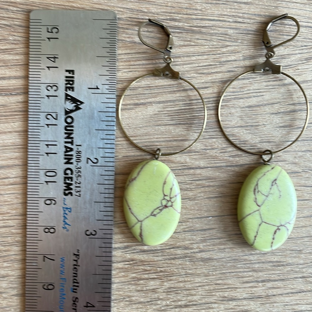 HAND CRAFTED PIERCED HOOP EARRINGS Green Brown Antiqued Brass Dangles Drops Hoop - Picture 9 of 14